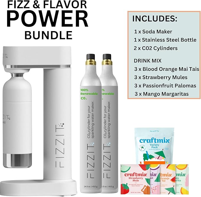 Fizzit Stainless Steel Sparkling Water Maker Bundle | Includes Soda Maker, 2 CO2 Cylinder, & 12-Flavor Variety Pack | Customizable Carbonated Water Machine, Reusable bottle & Eco-Friendly