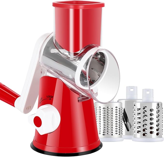 Rotary Cheese Grater Shredder, Speed Kitchen Manual Round Mandolin Slicer Safe Grinder with 3 Interchangeable Blades for Nuts, Carrot, Hashbrown, Garlic, Walnut, Potato, Chocolate (Red)