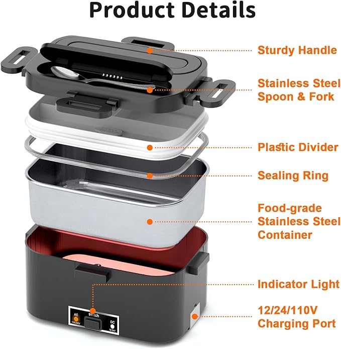 IFENROL Electric Heated Lunch Box for Adults, 100W 3-IN-1 2 Pack 1.8L Containers Heating Lunch Box for Men Portable Double Layer, Fast Heated Food Warmer,12V/24V/110V for Car Truck Office Home