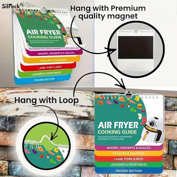 Air Fryer Cheat Sheet Magnetic Cooking Guide Booklet I Fridge-Ready Air Fryer Magic: Cookbook with Hanging Loop & Magnet (Multi Colour), SCG001