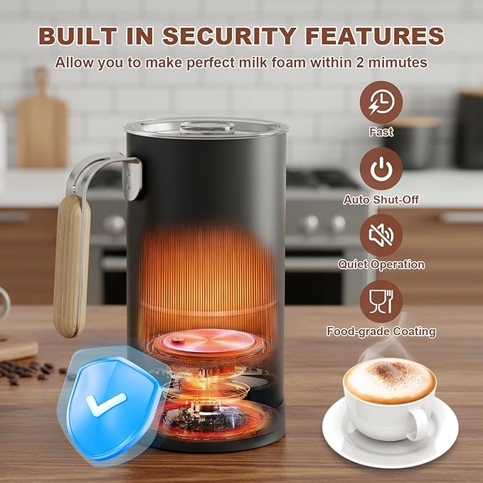 5 in 1 Electric Milk Frother Automatic Hot & Cold Foam Maker Auto Shut-Off Milk Warmer Silent Operation Fast Frothers with Comfortable Handle for Cappuccino, Hot Chocolate (Black)