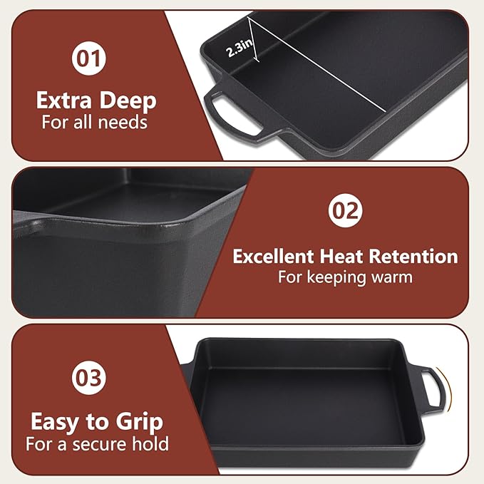 Cast Iron Casserole Dish for Oven, 4.8 Quart Rectangular Baking Pan and Large Lasagna Pan