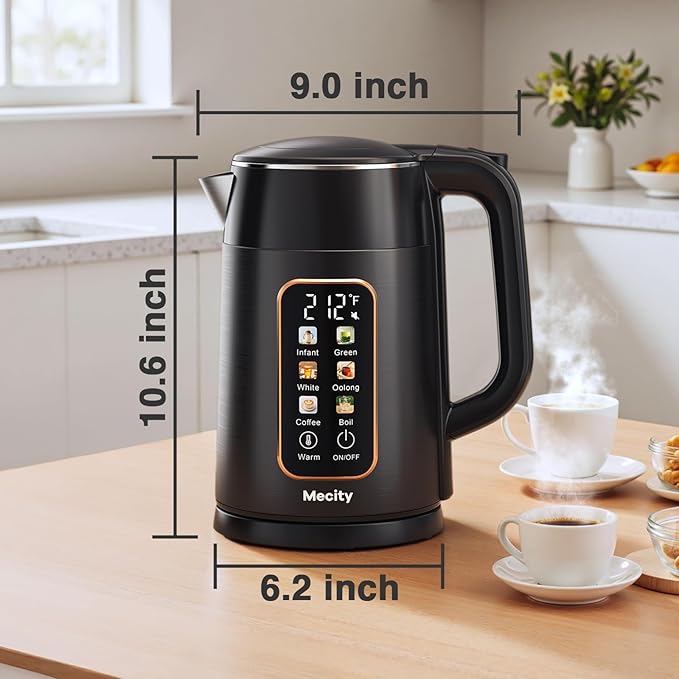 Mecity Electric Kettle 1.7L Touch Screen Temperature Control Water Boiler, No Plastic Contact with Water. 6 Preset Temperature Programs, 2 Hours Keep Warm, Black