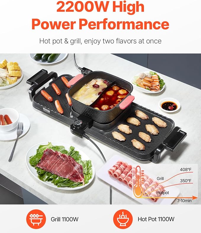 VEVOR Hot Pot with Grill, 2300W 2-in-1 Electric Smokeless Grill and Hot Pot, Removable Shabu-shabu Hotpot with Non-stick Pan, Separate Dual Temperature Control, Indoor Korean BBQ for 1-6 People