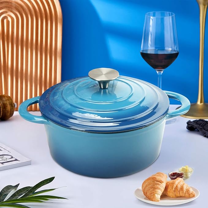 5QT Cast Iron Dutch Oven with Lid, Heavy-Duty Enameled Soup Pot with Dual Handles and Oven Safe for Bread Baking, Braising, Cooking and Family Gifts, Blue