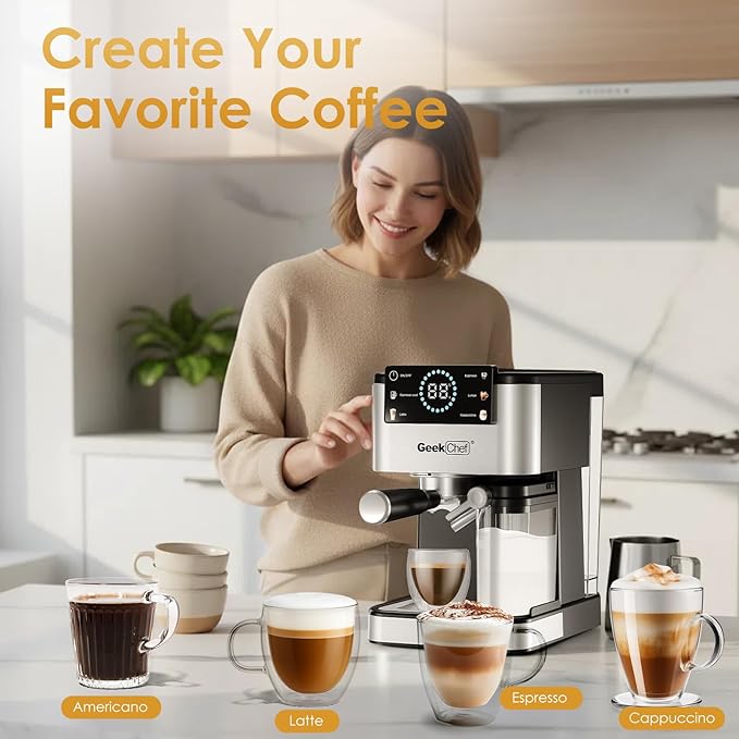 Geek Chef Espresso Machine with Milk Frother, 20 Bar Automatic Espresso Maker, Fast Heating Coffee Maker for Cappuccino, Latte & Iced Coffee, Easy to Use & Clean, for Home Barista