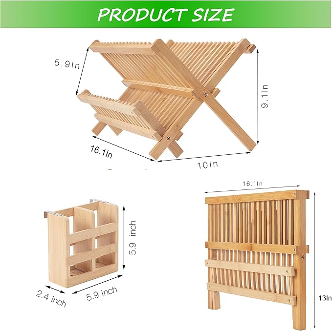 NOVAYEAH Bamboo Dish Drying Rack-2 Tier, Collapsible Small Dish Rack with Utensil Holder, Wooden Drying Rack for Kitchen Counter, Apartment Essentials Kitchen Plate Holder Organization 34 pcs Grid