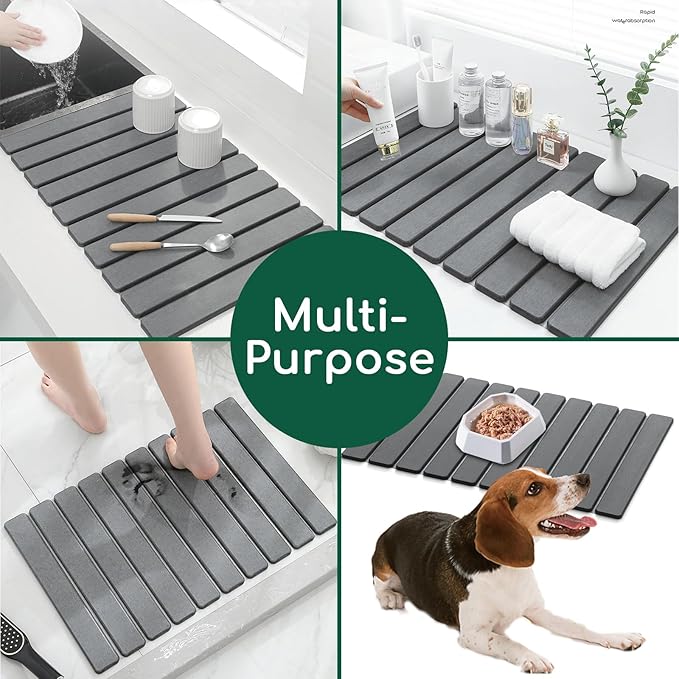 Stone Drying Mat for Kitchen Counter, DarkGray 24"×16" Collapsible Fast Drying Dish Mats, Diatomaceous Earth Water Absorbing Mat for Dishes Bottles Cups