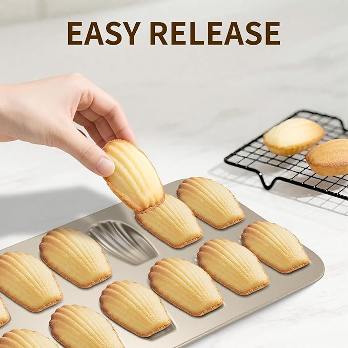 Madeleine Pans Set of 2, Nonstick 12-Cavity Madeleines Mold Cookie Tray for Baking, Heavy Duty Warp Resistant Cute Shell Shape Madeleine Mold Cake Pan-Gold