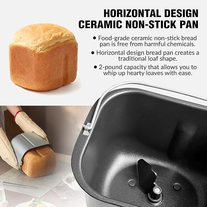 Briskind Bread Maker Machine with Ceramic Nonstick Pan, 19 Menus, 2 Pound Stainless Steel Breadmaker with Glass Touch Panel, Gluten Free, Sourdough Starter, Custom Setting, 3 Loaf Sizes & Crust Colors