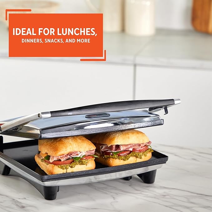IMUSA 12x10in Stainless Steel Electric Panini Press with Temperature Control, Nonstick Plates for Sandwiches, Grilled Paninis, Quesadillas, and More
