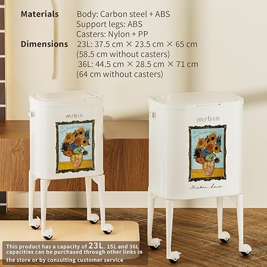 MRBIN 23L Art Decor Trash Can with Wheels, Press-to-Open Lid, Tall Standing Garbage Bin with Lockable Casters, Metal Waste Basket for Kitchen, Living Room, Bedroom, Cream White