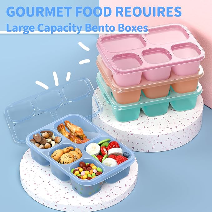 Bento Box Adult Lunch Box - 4 Pack, 5 - Compartment Meal Prep Container for Kids, Reusable Food Storage Snack Containers - Stackable for School, Work, and Travel (Transparent(Blue/Pink/Green/Yellow))