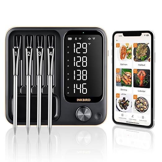 4-Probe WiFi Wireless Meat Thermometer with 360°Readable LCD Standalone Base, WiFi and Bluetooth 5.3 Unlimited Range, IPX8 Waterproof Food Kitchen Thermoemter for BBQ, Grill, Smoker, Oven, Rotisserie