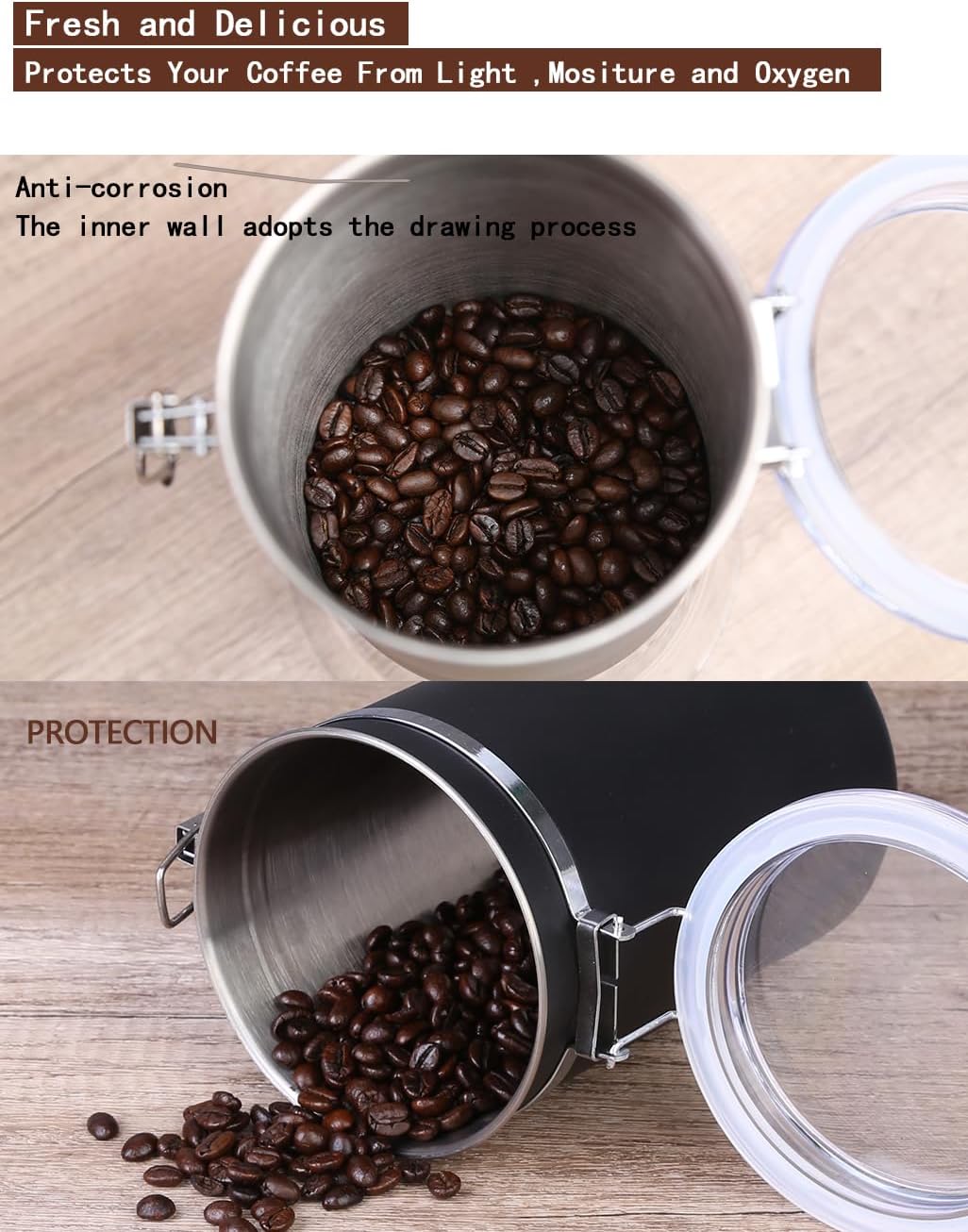 Stainless Steel Food Container with Clear Lids Airtight Storage Container Small Canisters Kitchen Pantry Storage for Cereal, Snacks, Candy, Herbs, Spices, Sugar, Tea (1.8L Dark Black)