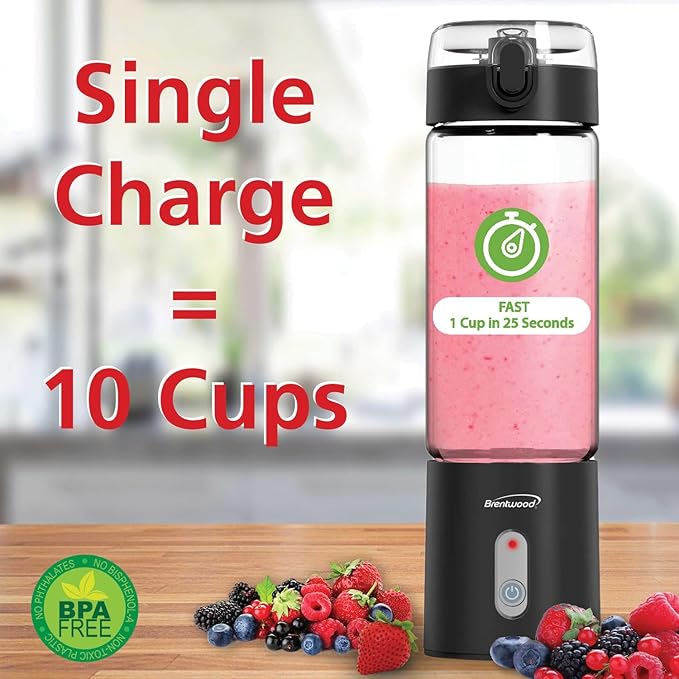 Brentwood 50-Watt 17-Oz. Portable Battery-Operated USB-Chargeable Glass Blender (Black)