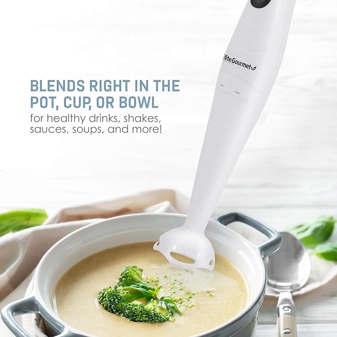 Elite Gourmet EHB-2425X Electric Immersion Hand Blender Stick, Mixer, Chopper, 1-Touch Control Multi Purpose, 150 Watts, For Soups, Sauces, Baby Food, White