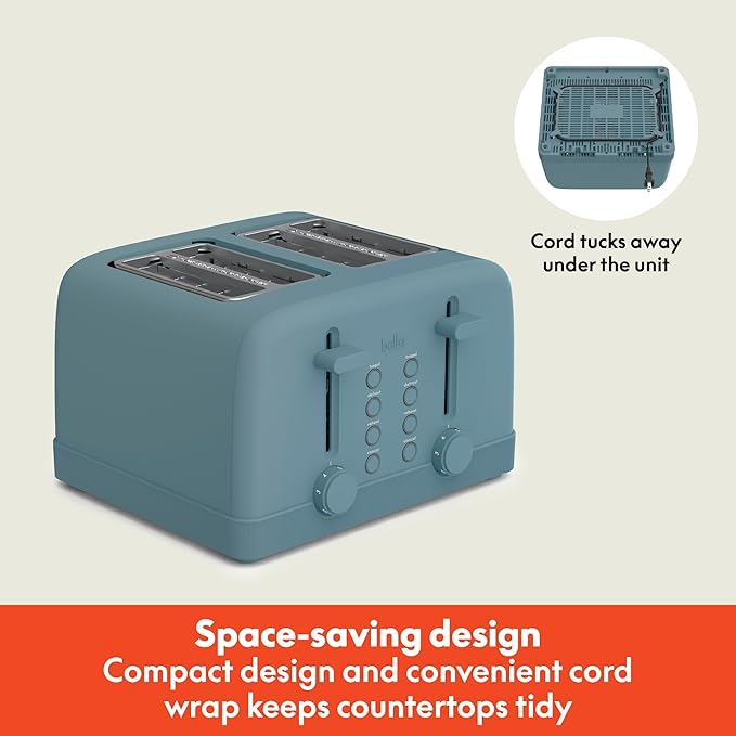 bella 4 Slice Toaster, 6 Setting Shade Control with Reheat & Cancel Buttons, Removable Crumb Tray, Anti Jam & Auto Shutoff, 900 Watt, Surf