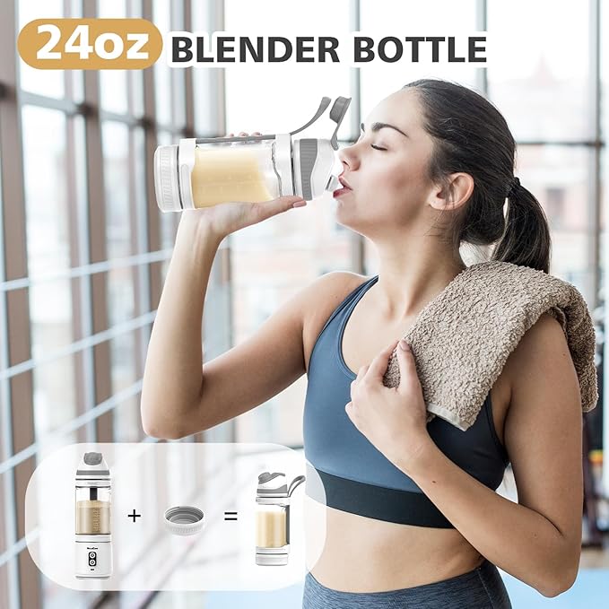 Portable Personal Blender for Smoothies, Protein Shakes, Frozen Drinks - 24Oz Blender Cup Bottle with Sip Spout, Travel Lid, USB-C Rechargeable, Cordless - Mini Small Blenders for Kitchen, Gym, Office