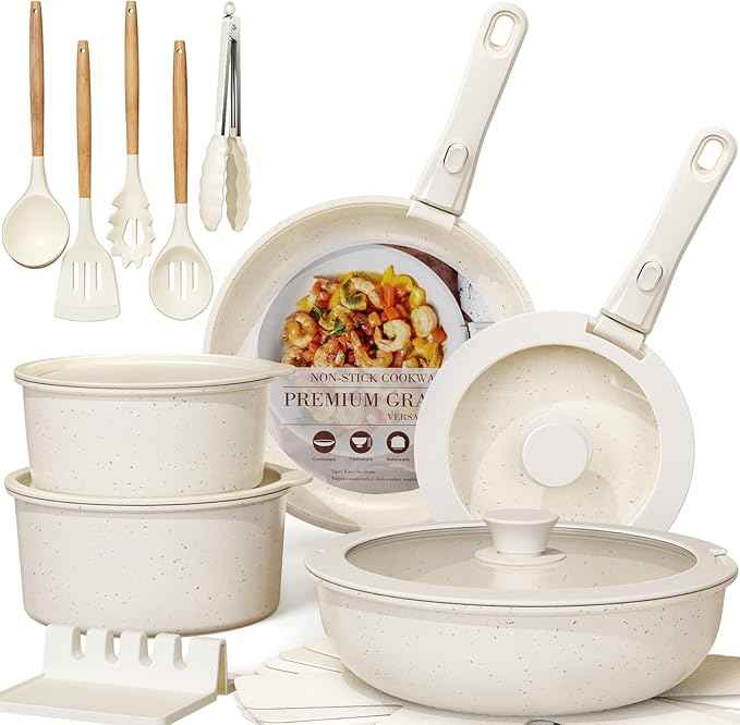 Astercook Ceramic Non-stick Cookware 21 Pcs Pots and Pans Set, Detachable Handle, RV Kitchen Non Stick Cooking Set Removable Handles, Oven Safe, Induction Ready, Stackable, Cream White