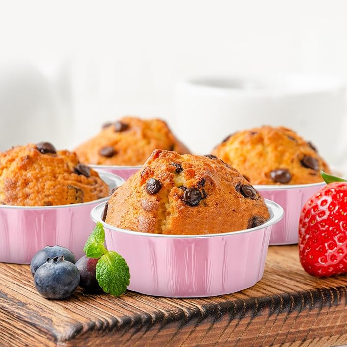 Tessco for you 100 Pcs Disposable Ramekins with Lids 8 oz Creme Brulee Ramekin Aluminum Foil Cup Cupcake Liner Baking Valentines Disposable Muffin Tin Pan Cheesecake Container (Pink,Silver)