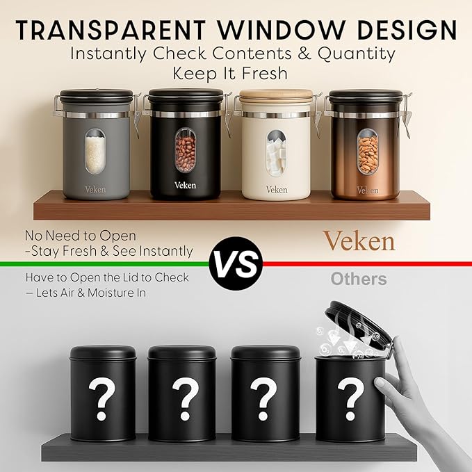 Veken Coffee Sugar Canister with Window, Airtight Stainless Steel Kitchen Food Storage Container with Lids, Date Tracker and Scoop for Grounds Coffee, Beans, Tea, Flour, Cereal Jars, 16OZ, Cream