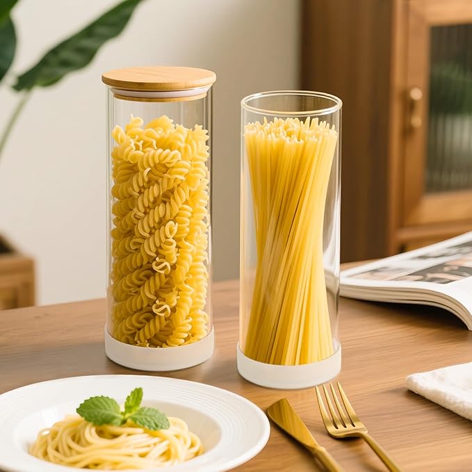 TBWIND 73oz Glass Spaghetti Pasta Containers for Pantry Organization, 3-Pack Large Airtight Food Jars with Bamboo Lids and Protective Silicone Base, Clear Storage Canisters for Flour, Cereal, Rice