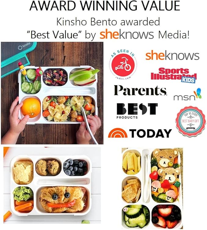 kinsho Bento Box Lunch-Box Containers for Kids, Adults | 6 Compartment Lunch-Boxes | Leakproof School Bentobox, Snack or Meal Portion Container | BPA-Free, Teal