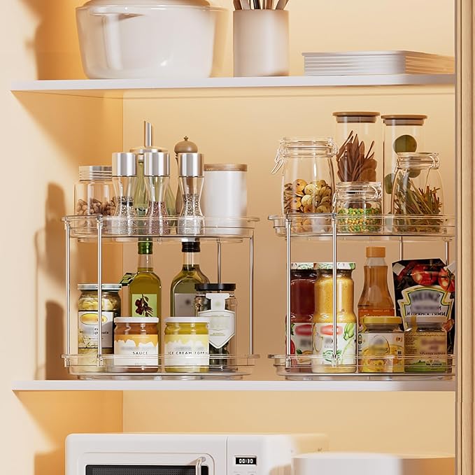 LAMU 2 Pack 2 Tier Lazy Susan Turntable Organizer 10.6'' Rotating Spice Rack Organization for Cabinet, Kitchen, Pantry, Countertop, Bathroom, Vanity, Medicine Cabinet Organizer, Clear