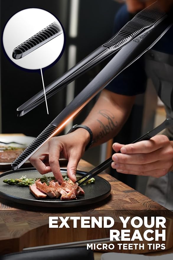 DALSTRONG Chef Tweezers Professional Kitchen Tongs- 12" high-precision Tweezer Tongs for Cooking - Stainless Steel Black w/vTitanium Coating -BBQ, Plating, Multi-use