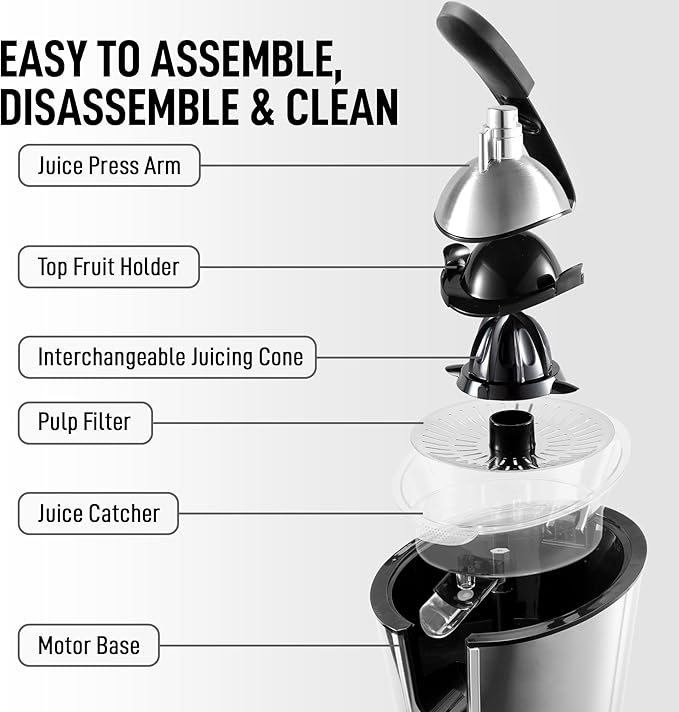 Zulay Electric Citrus Juicer - Makes Fresh Orange, Lemon, Grapefruit, Lime Juice - Stainless Steel, 160W Powerful & Quiet, Interchangeable Cones -Filters Out Seeds & Pulp- Dishwasher Safe Parts - Blue