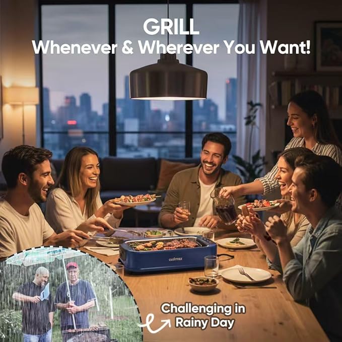 Electric Indoor Grill Griddle, CUSIMAX Smokeless Grill, Portable Korean BBQ with Turbo Smoke Extractor Technology, Non-stick Removable Plate & Griddle Plates