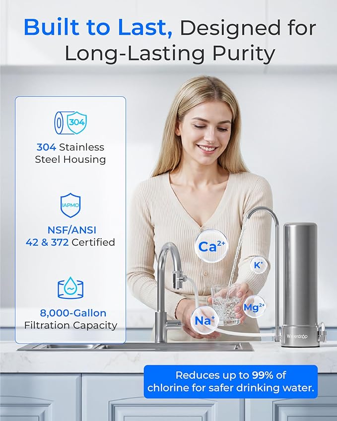Waterdrop CTF-01 Water Filter for Sink Faucet, NSF/ANSI 42 Certified Countertop Water Filter System, 5-Stage Stainless Steel Faucet, Reduces Heavy Metals and 99% Chlorine, 8000 Gallons, 1 Filter