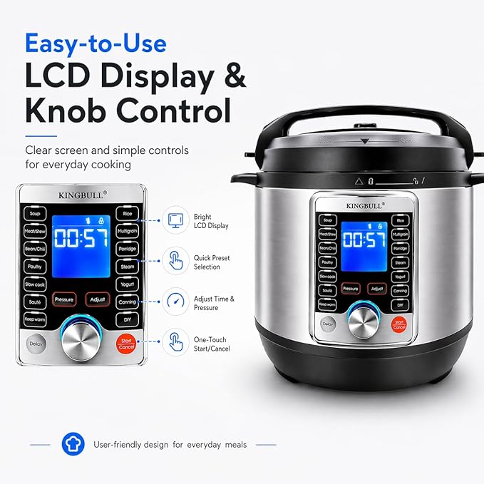 KINGBULL 14-in-1 Electric Pressure Cooker 8 Quart, Stainless Steel Multi Cooker with LCD Display and Knob Control, Slow Cooker, Rice Cooker, Steamer, Sauté, Yogurt Maker, Warmer, DIY Mode