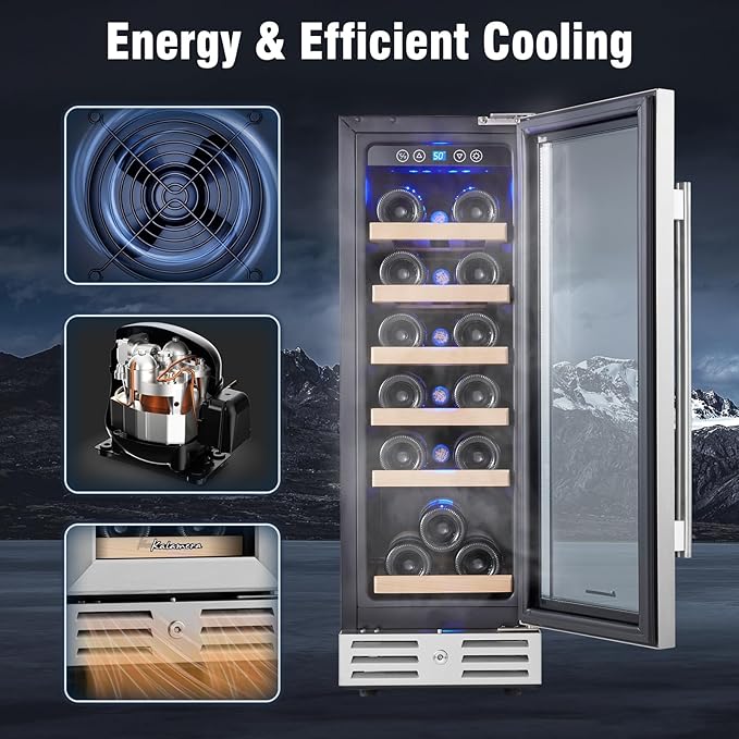 Kalamera Mini Fridge 18 Bottle - 12 inch Wine Cooler Refrigerator, Built-in or Freestanding, with Stainless Steel & Double-Layer Tempered Glass Door, and Temperature Memory Function Wine Fridge