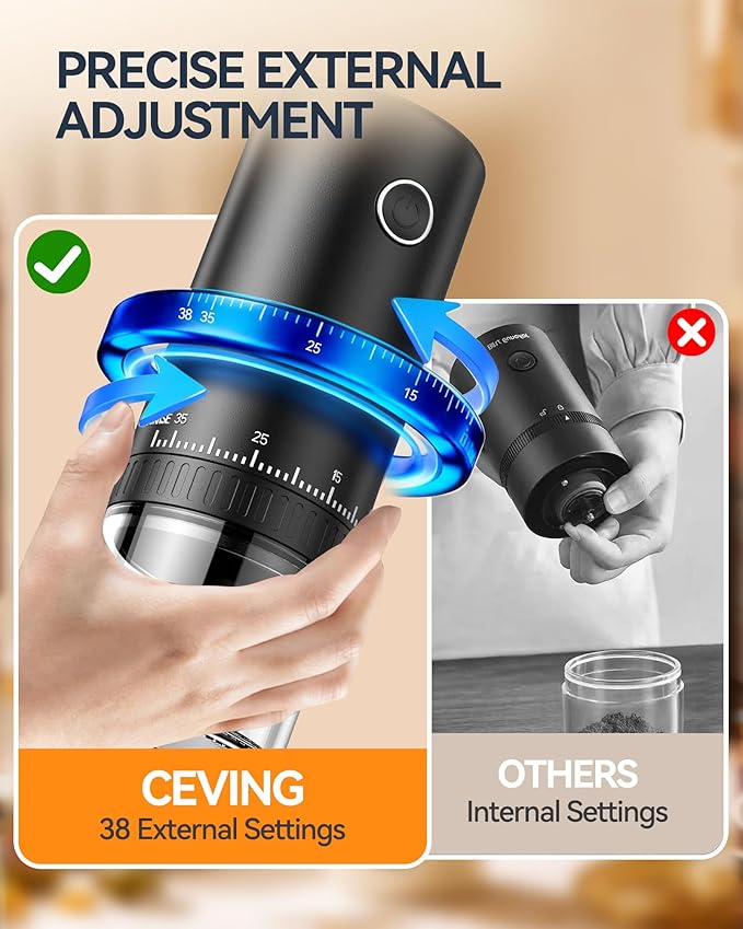 CEVING First Grind-While-Charging Rechargeable Coffee Grinder, 1.7X Faster Grinding with 38 External Adjustable Settings, Conical Ceramic Burrs & 2000mAh Battery, Portable for Travel, Camping, etc.
