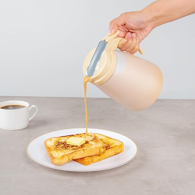 Restaurantware-Chef 101 48 Ounce All Purpose Syrup Dispenser, 1 Honey Dispenser - Beige Top, Stainless Steel Slide Cover, Plastic Pancake Syrup Bottle, Perfect For Diners, Restaurants, Home