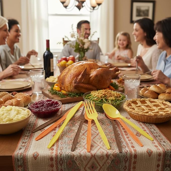 360-Piece Thanksgiving Plastic Tableware Set, Disposable Heavy Tableware Set, Including 120 Pieces Of Orange, Yellow and Brown Knives and Forks, Thanksgiving Party Supplies