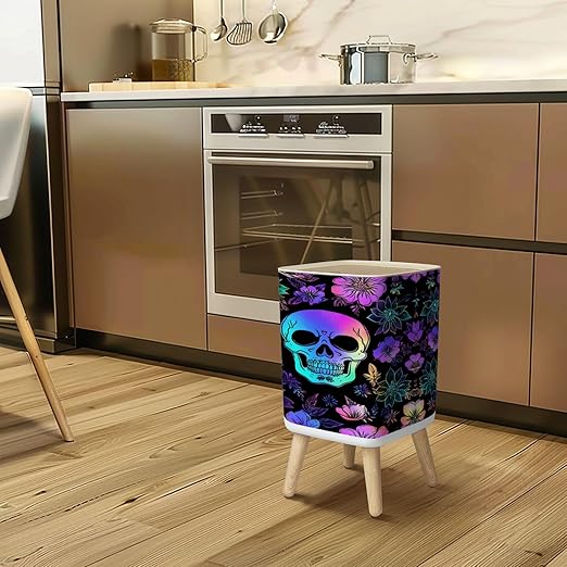 Small Trash Can with Lid Seamless Holographic Bright Human Skulls Flowers Wastebasket with Press Cover Dog Proof Garbage Can Waste Bin for Kitchen Bathroom Nursery 2.6 Gallon