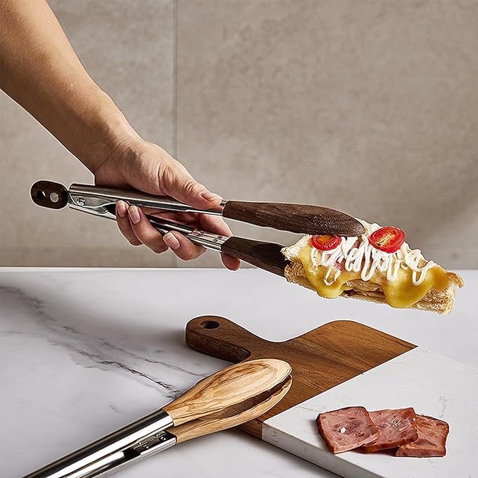 Lee's Clover Wooden Tongs for Cooking with Walnut Wood Tips & Stainless Steel Handle – Food & Kitchen Tongs for Serving, Salad, BBQ, Buffet, Grill (Small + Large)