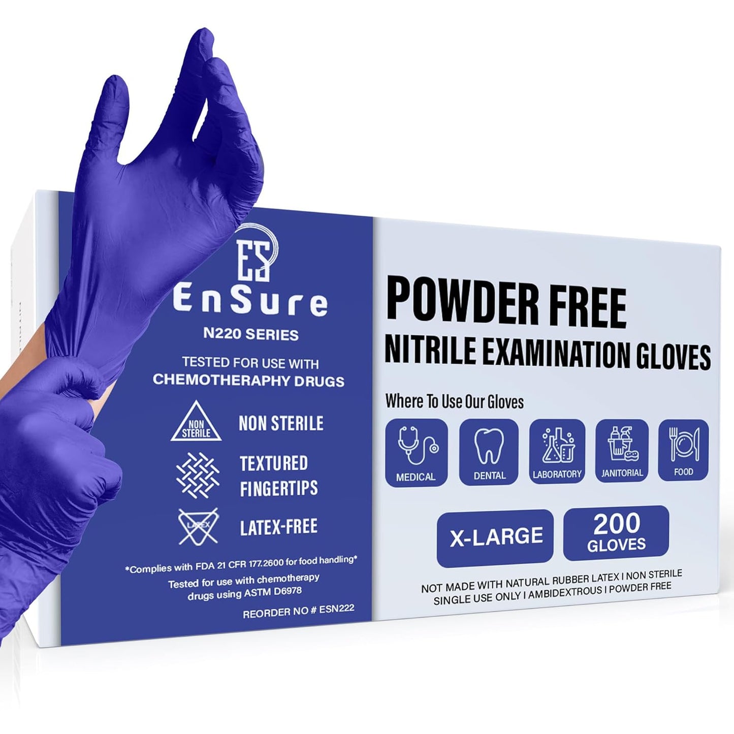 EnSure Nitrile Exam Gloves, Powder-Free, Latex-Free, Chemo Rated, Non-Sterile, Light Duty, Textured Tips, Medical, Surgical, Food Safe, Cleaning, Dental, Lab Use - 3 Mil (X-Large, 200 Count)