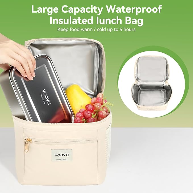 Voova Stainless Steel Lunch Box with Lunch Bag for Women Men Adult, (42oz/1200ml) Leakproof Metal Bento Box with Free Sealing, Insulated Lunchbox for School Work, Beige