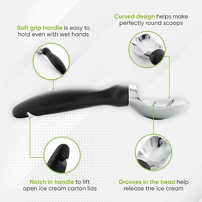 Spring Chef Ice Cream Scoop with Soft Grip Handle, Professional Heavy Duty Sturdy Scooper, Premium Kitchen Tool for Cookie Dough, Gelato, Sorbet, Black, 2 Pack