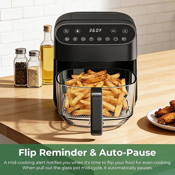 5 Quart Glass Air Fryer, Non Toxic & Uncoated High Borosilicate Glass Basket, Airfryer with Transparent Fry Bowl, 8 Preset Modes, PTFE/PFAS Free, BPA-Free, Dishwasher Safe, Black