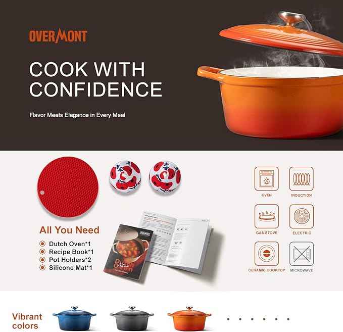 Overmont Refined Enameled Cast Iron Dutch Oven - 5.5QT Pot with Wide Handles Lid Cookbook & Cotton Potholders - Heavy-Duty Pre-Seasoned Cookware Oven Safe to 500°F for Braising, Stews, Roasting, Bread Baking