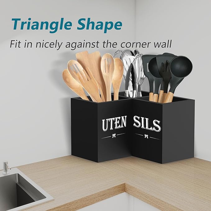 Suli Extra Large Kitchen Utensils Holder with 3 Compartments,Corner Utensil Caddy for Countertop,Wooden Utensil Organizer for Kitchen Countertop, Farmhouse Decor- Black
