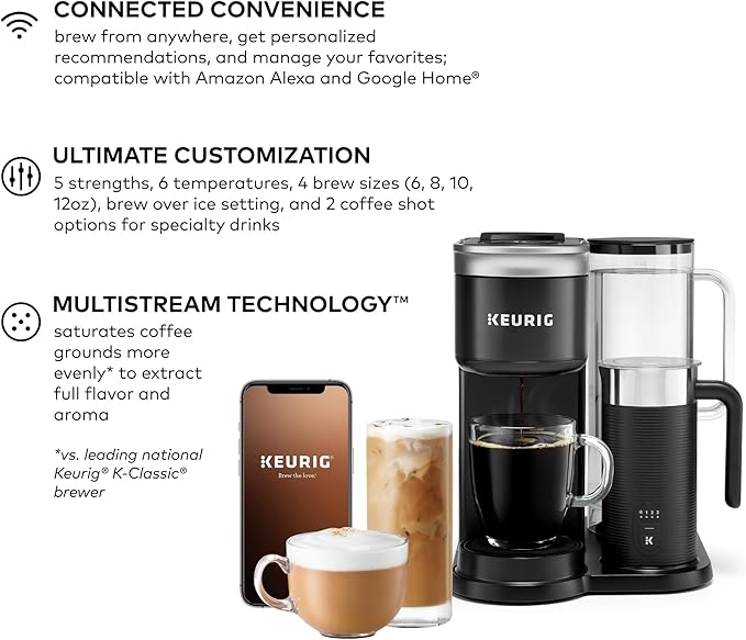 Keurig K-Café SMART Single Serve Coffee Maker with WiFi Compatibility, Latte and Cappuccino Machine with Built-In Frother, 6 Brew Sizes, Black