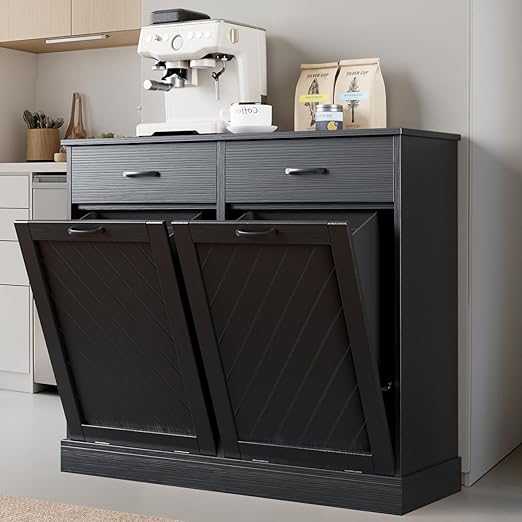 Double Tilt-Out Trash Can Cabinet, 2x13 Gallons Hidden Garbage, Hidden Kitchen Trash Cabinet with Storage Drawer, Pet-Proof Wooden Garbage & Recycling Cabinet for Kitchen, Laundry & Living Room, Black