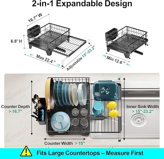GSlife Expandable Dish Drying Rack for Kitchen Counter, Large Capacity 2-in-1 Rust Resistant Dish Drainer with Swivel Spout and Pull Out Over Sink Extension, 16.7" W x 12.6"-22.4" L, Black