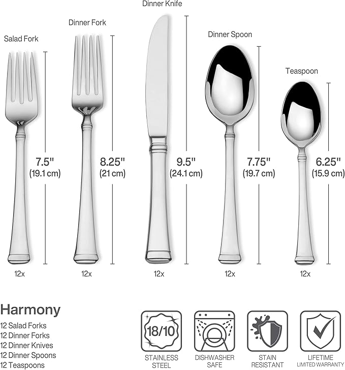 Mikasa Harmony 65-Piece 18/10 Stainless Steel Flatware Set, Service for 12, Polished Silverware with Serving Utensils, Dishwasher Safe
